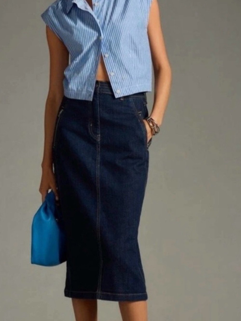 Pilcro Anthropologie High Rise Coastal Cowgirl Y2K Midi Blue Denim Jean Skirt